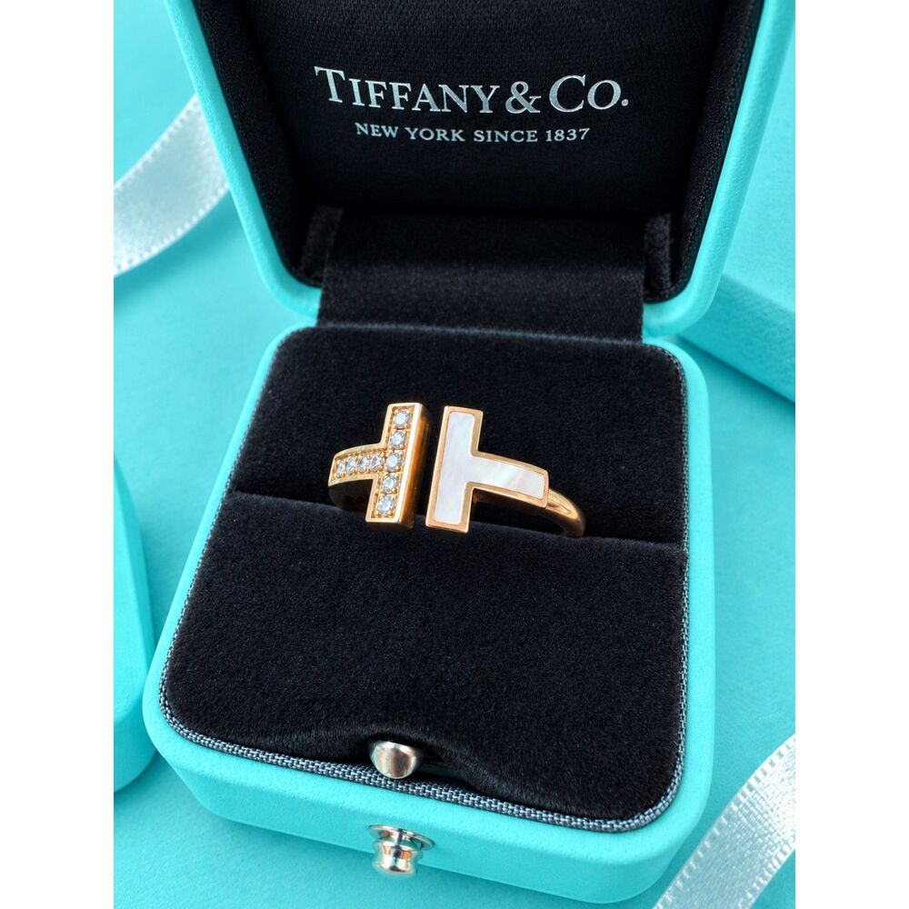 Tiffany Co. T Wire Ring with Diamonds and Mother Of Pearl, Rose Gold, sz 6.5